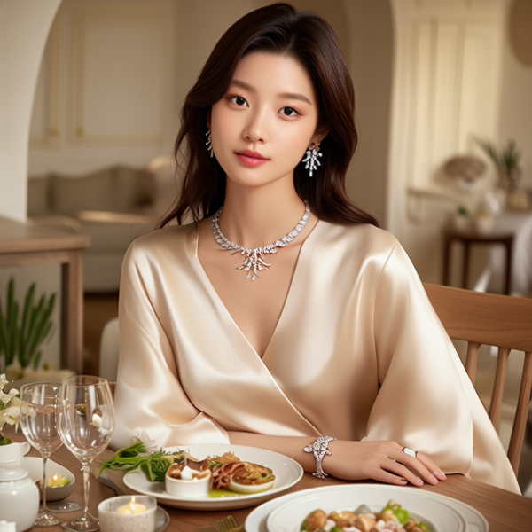 生活瞬间,美女,韩系美女,丝绸,美妆广告,家庭餐桌,4K超清,写实风格,温馨,柔和室内光,细腻皮肤,项链,耳环,手链。 生活瞬间,美女,韩系美女,丝绸,美妆广告,家庭餐桌,4K超清,写实风格,温馨,柔和室内光,细腻皮肤,项链,耳环,手链。