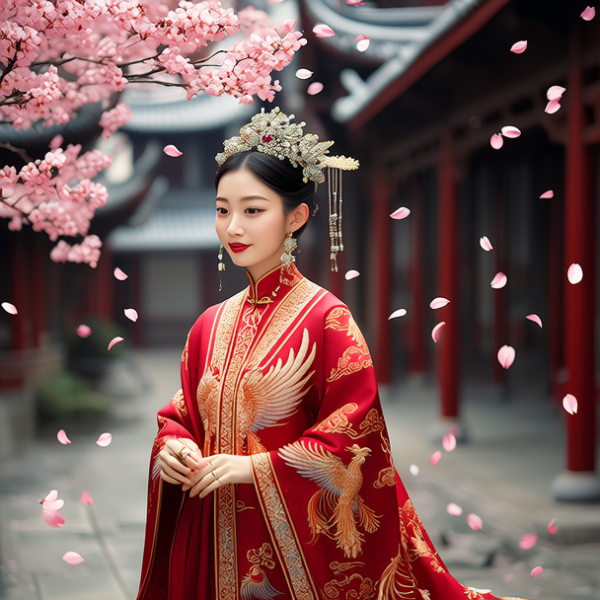 一位优雅的女性在古老的中国庭院中漫步,她身穿一件华丽的红色旗袍,旗袍上绣着金色的凤凰图案。她的头发被精心梳理并装饰着珍珠... 一位优雅的女性在古老的中国庭院中漫步,她身穿一件华丽的红色旗袍,旗袍上绣着金色的凤凰图案。她的头发被精心梳理并装饰着珍珠...