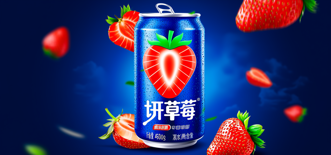 一幅逼真风格的广告宣传海报,一罐蓝色饮料,一个鲜明的切开草莓标志,饮料罐周围散落着几片水果,背景采用深蓝色的天空,细节真... 一幅逼真风格的广告宣传海报,一罐蓝色饮料,一个鲜明的切开草莓标志,饮料罐周围散落着几片水果,背景采用深蓝色的天空,细节真...