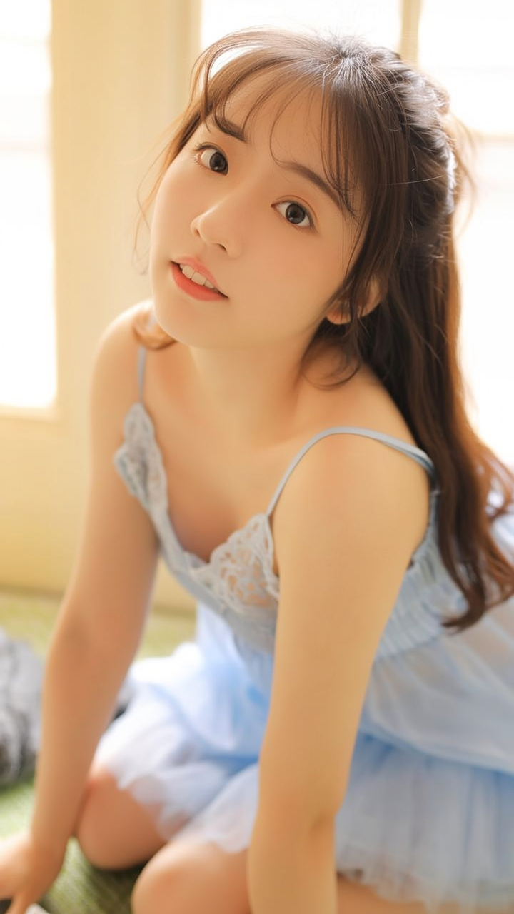 帮我生成一张清纯美丽的美女，穿着吊带，胸部浑圆，乳沟清晰可见，正对跪着，楚楚动人地抬起头看着我。